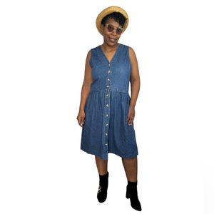 Talbots Dress Midi Button Front Sleeveless Denim Prairie Cottagecore